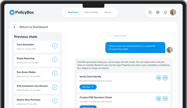 PolicyBox chat turning a question into a compliance checklist