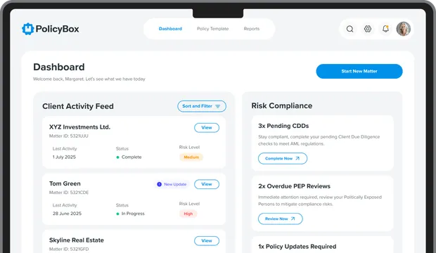PolicyBox dashboard with client activity and risk compliance