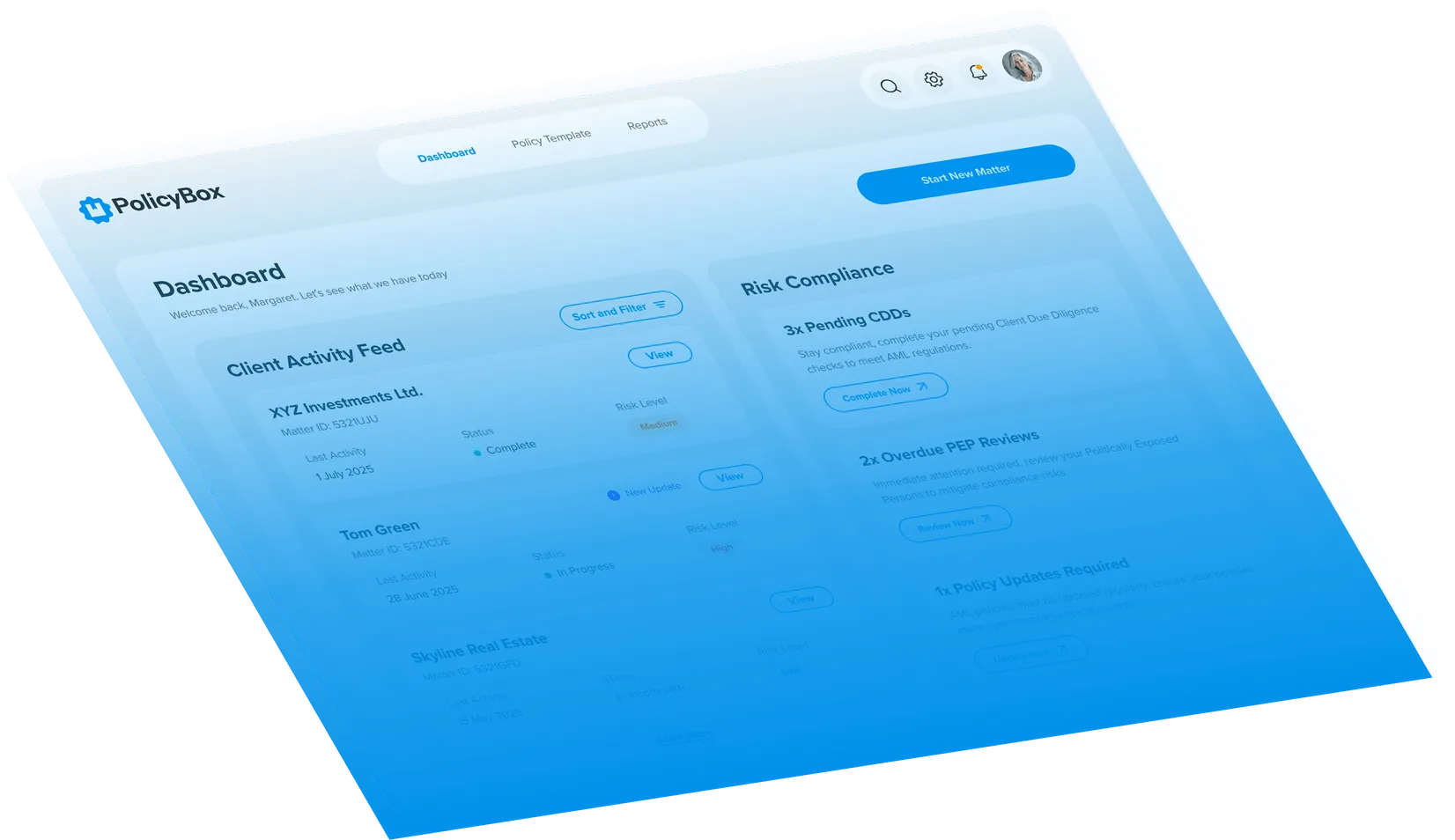 PolicyBox dashboard with the client activity feed