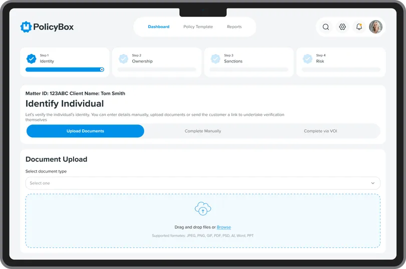 PolicyBox identity verification step with document upload